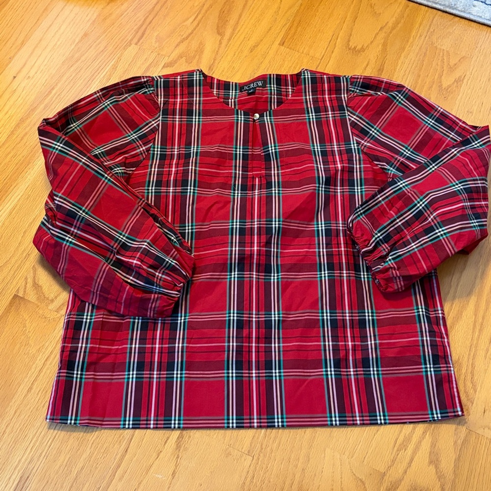 J.Crew Puff Sleeve Poplin Top Blouse Shirt Good Tidings Tartan Plaid Size M